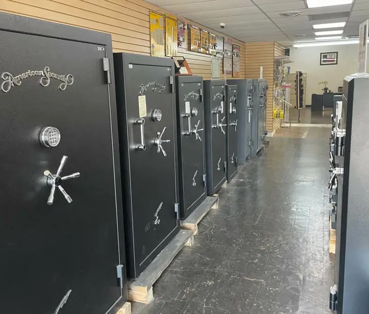 A row of American Security safes on the showroom floor