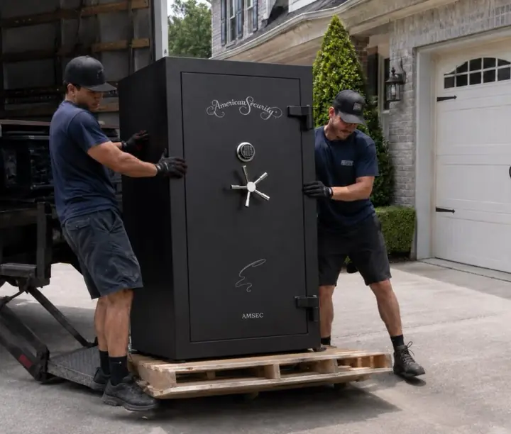 Two Houston Safe & Lock crew members moving an American Security safe off a pallet in a driveway
