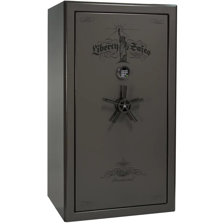 Liberty Presidential 40 shown closed in gray with an electronic keypad, a wheel-style handle, and decorative door graphics.