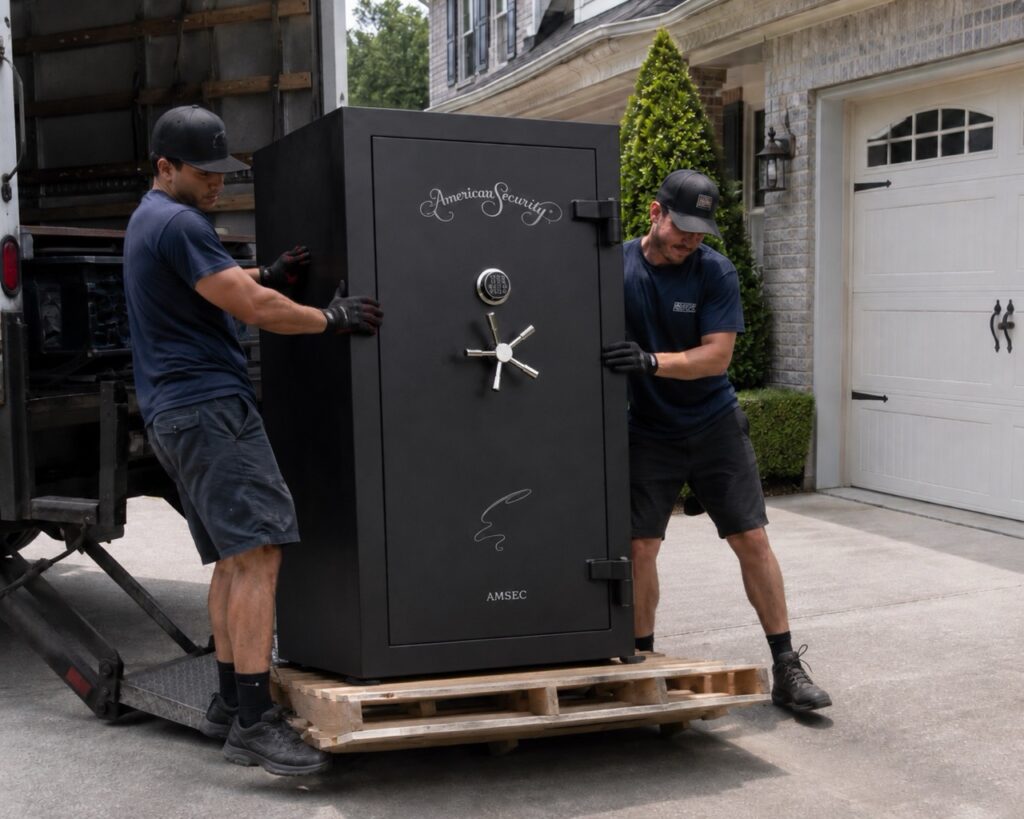 Houston Safe & Lock delivery crew positioning an American Security safe at a home